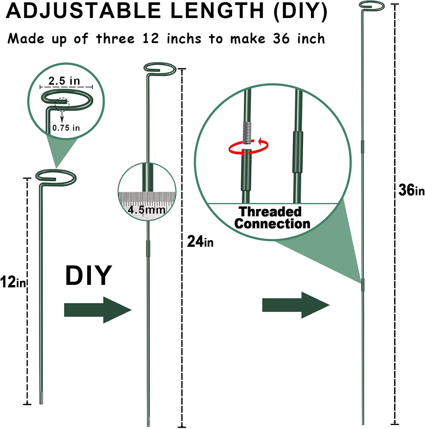 36 Inch Plant Sticks Support Tall Three Sizes (12 or 24 or 36 Inch), 8 Pcs 4.5mm Adjustable Outdoor and Indoor Plant