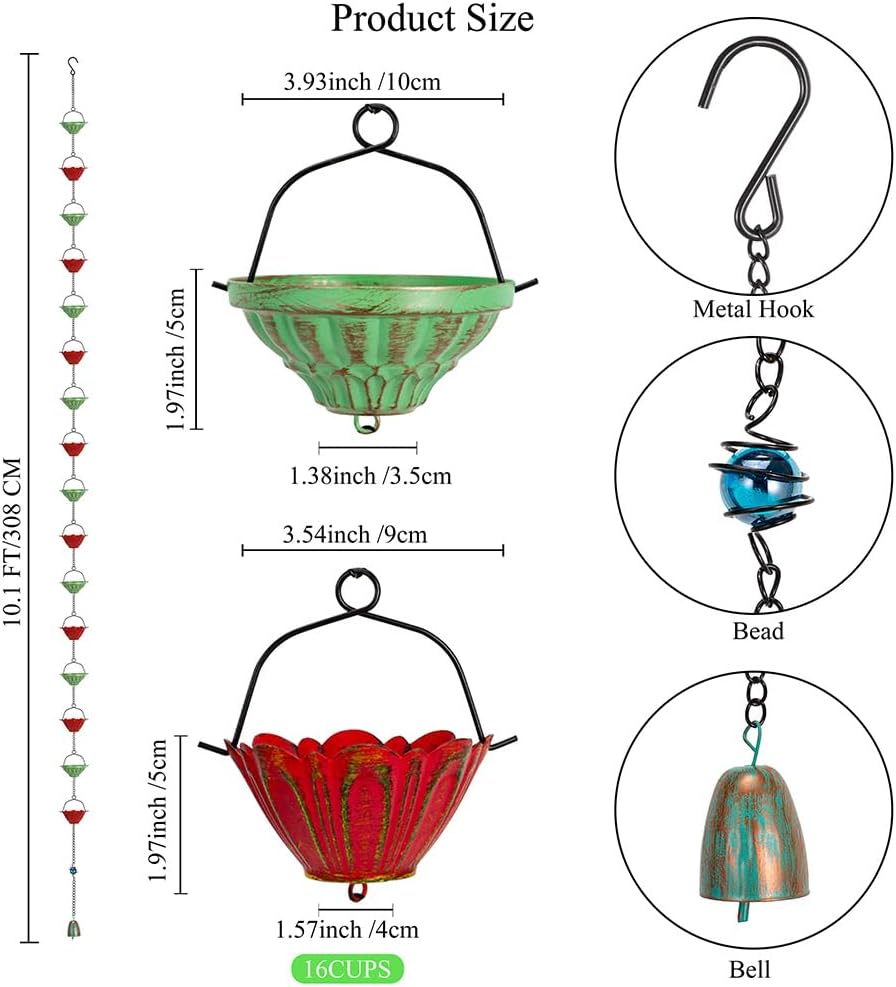 dreamysoul Rain Chains for Outside, 10 FT Decorative Rain Catcher Chains with 16 Cups, Adjustable Rain Chain for