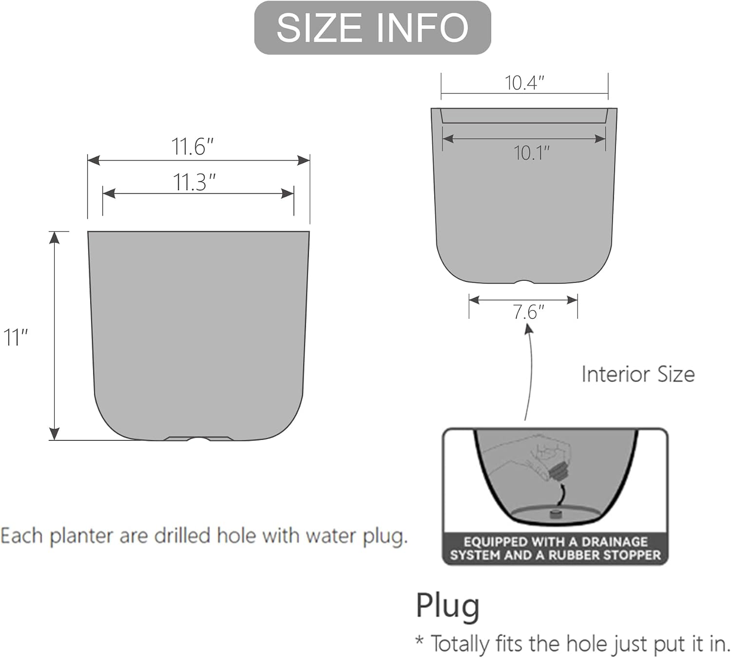 11"H Black Plastic Planter with Drainage Hole & Plug for Indoor Outdoor Use | UV Resistant, Durable & Weatherproof, for