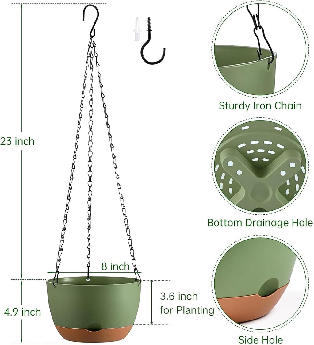 Set of 2-8 Inch Hanging Planters for Indoor Outdoor Plants | Self-Watering Hanging Flower Pots with Drainage Hole &