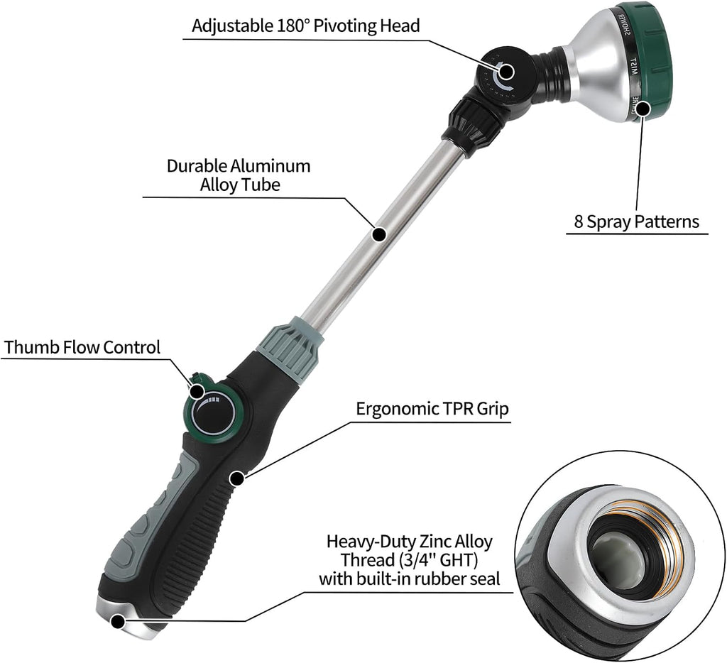 Watering Wand for Garden Hose, 17.5 Inch, 8 Spray Patterns, Garden Hose Nozzle with Thumb Flow Control, Adjustable