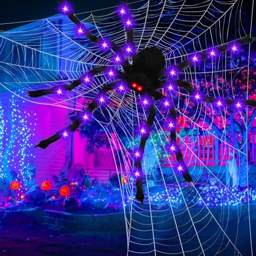 Thuodo 6.6 FT Giant Halloween Light Up Spider, Purple Glowing Hairy Spider