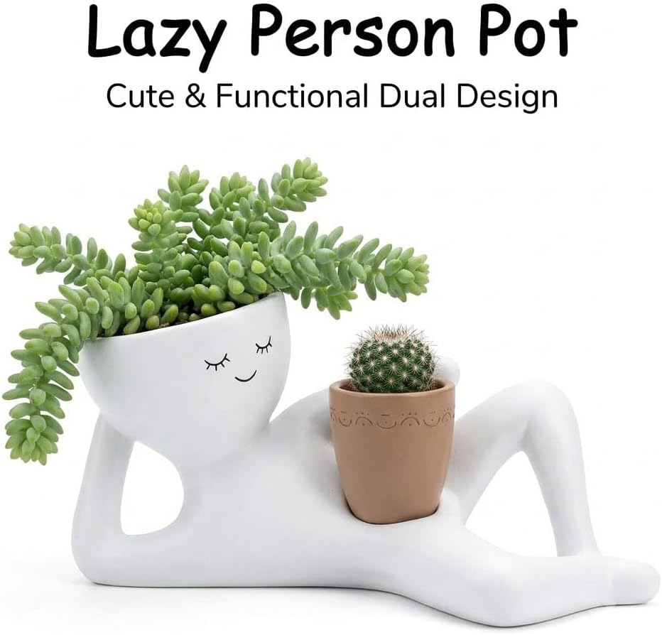 Funny Lazy Guy Plant Pot Goofy Garden Planter with Drainage Hole（yellow） | Cute Resin Face Planter for Succulents and
