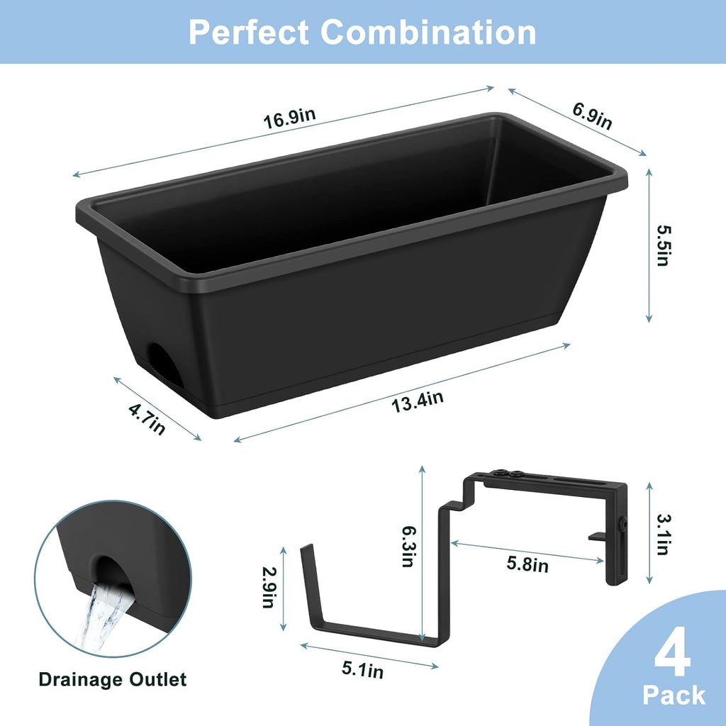 4 Pack Window Boxes Planters Railing Planter Box with Adjustable Brackets | Deck Railing Hanging Flower Pots 17’’