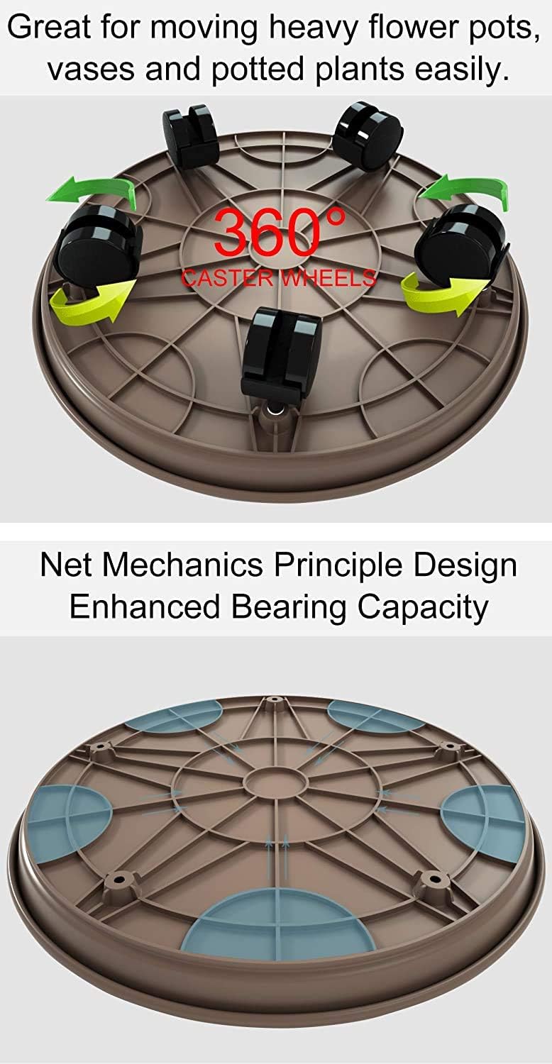 2 Pack 15.5" Brown Plant Caddy with Easy Moving Caster Wheels Round Movable Planter Dolly Trolley Tray Pallet Outdoor