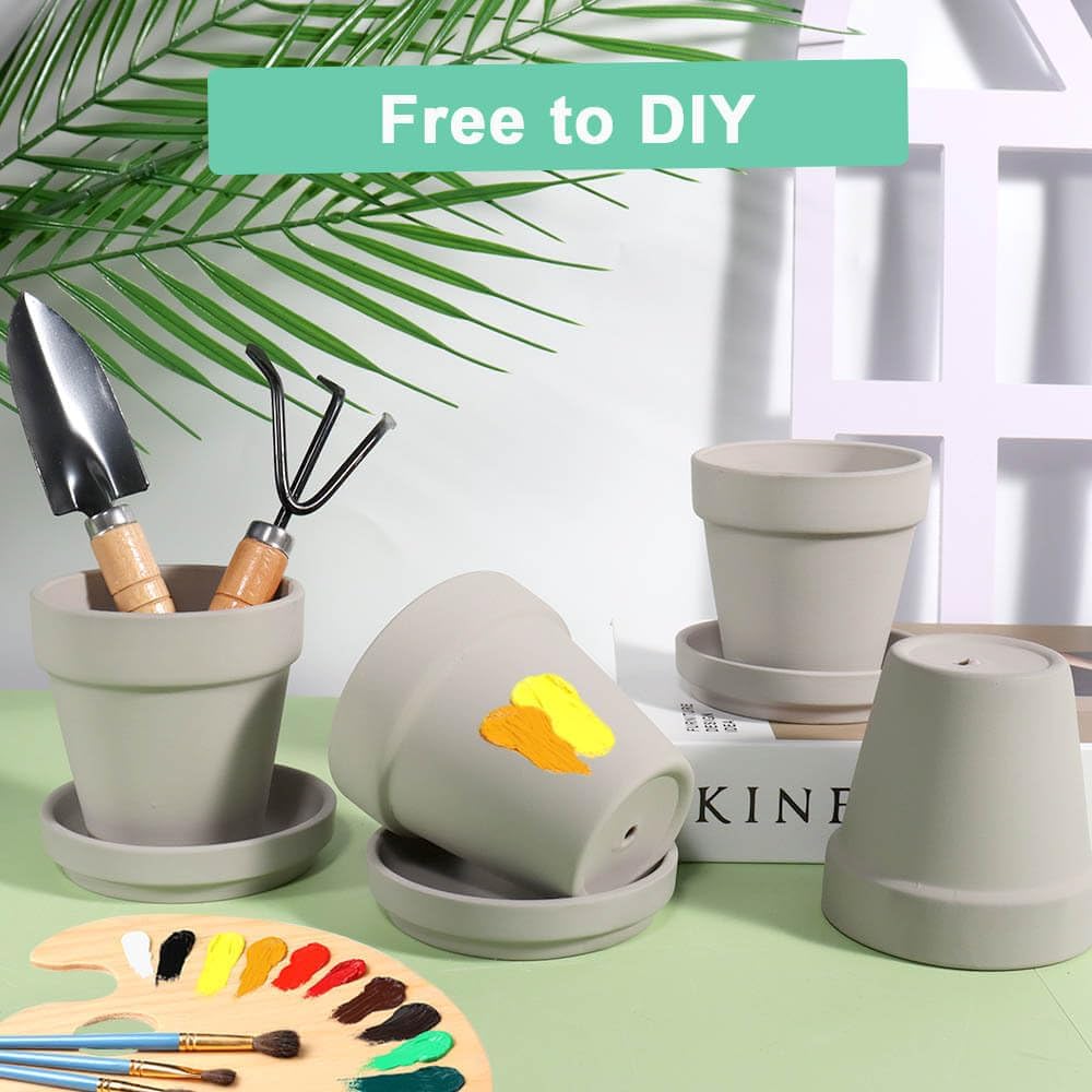 3 Inch Grey Terracotta & Clay Pots with Saucer, 12 Pack | Clay Flowerpot with Drainage, Nursery pot for succulents