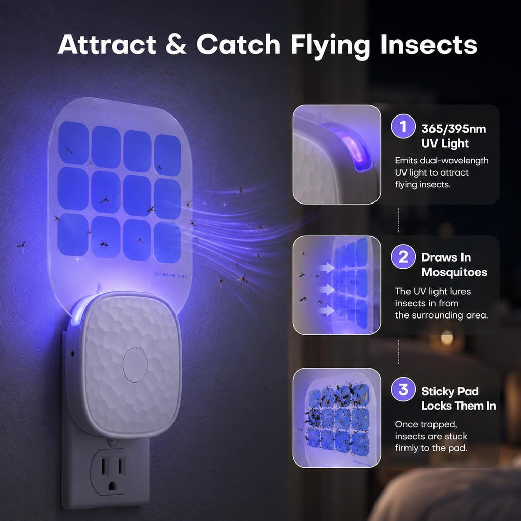 Fruit Fly Traps for Indoors 2 Pack with Double-Sided Sticky Glue Cards | Plug-in Indoor Fly Trap Flying Insect Trap for