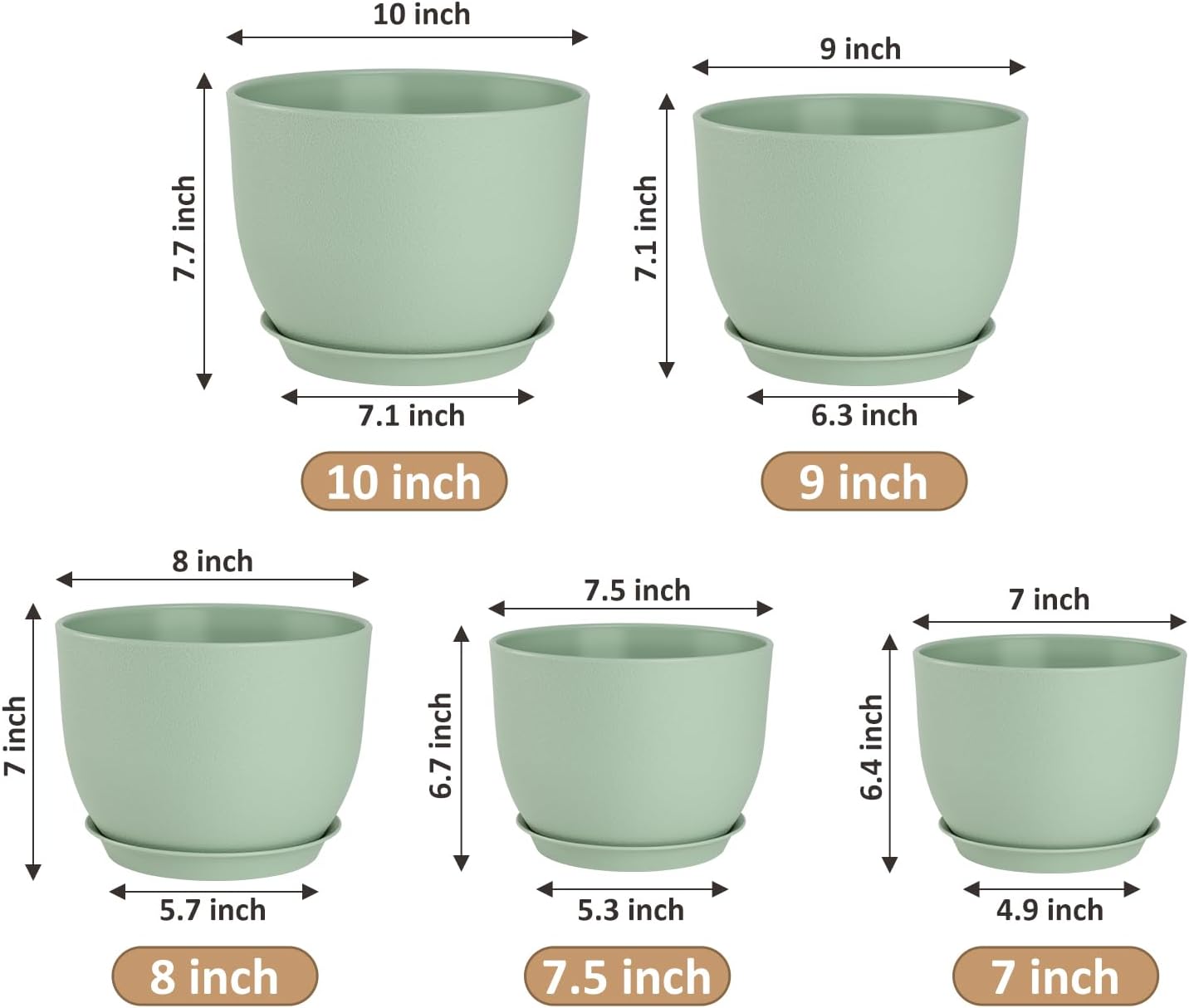 YNNICO Plant Pots 10/9/8/7.5/7 inch Flower Pots with Multi Mesh Drainage Holes, Planters for Indoor Outdoor Garden