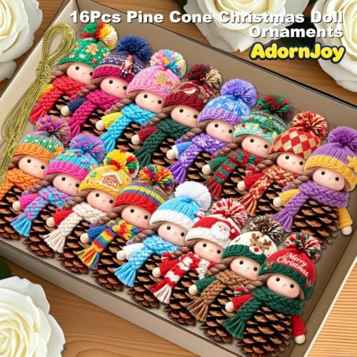 16Pcs Pinecone Girl Wooden Christmas Ornaments, 2D Flat Tree Decorations