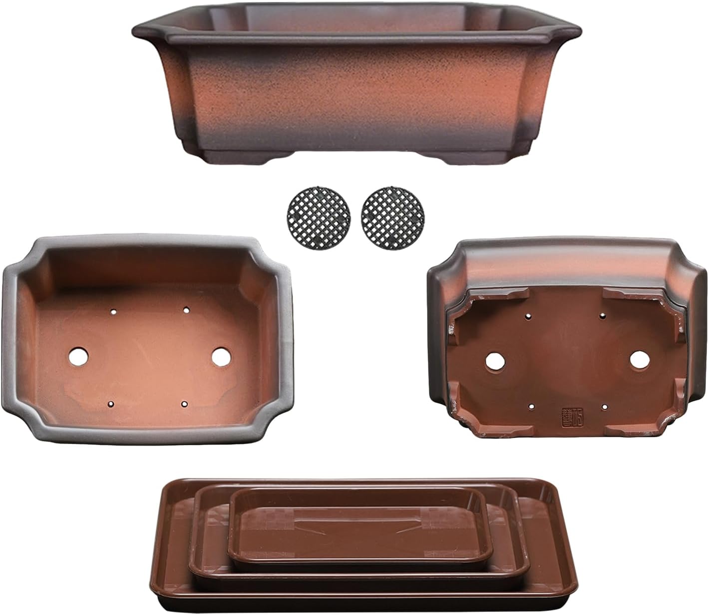 10/8/6 Inch Bonsai Pots with Tray, Set of 3, Classic Brown | Unglazed clay bonsai pot, 10/8/6“ ceramic rectangle