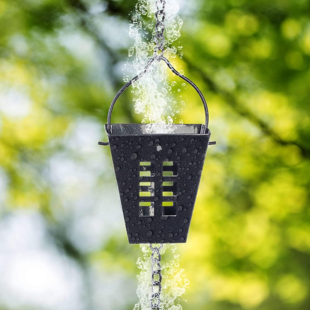 10 Ft Rain Chain, Black Square Rain Gutter Chains with 12 Cups | Adjustable Rain Catcher Chain with Bell for Eaves