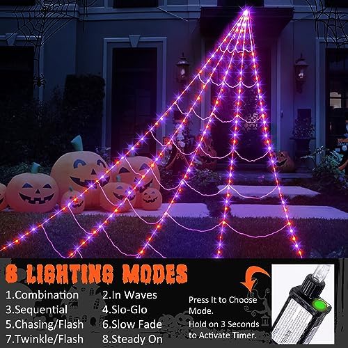 Halloween Spider Web Lights 290 LED Lighted Spider Web Giant 23 Ft Halloween Decorations Light up with 8 Lighting Modes Waterproof & Timer for Outdoor Indoor Yard Haunted House Decor, Purple & Orange