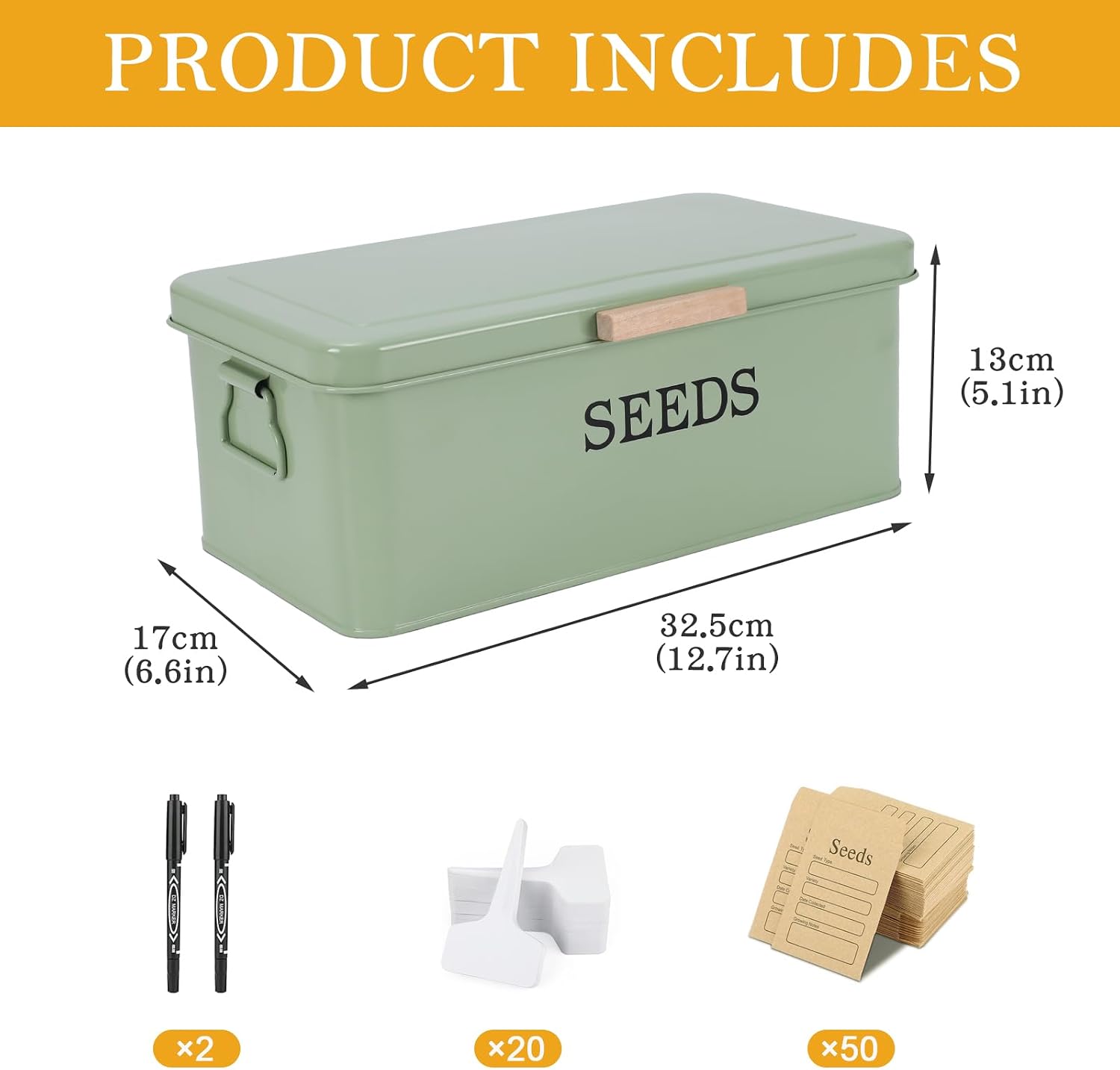 Seed Storage Organizer with 4 Dividers,Metal Seed Saving Box with Lid, Seeds Bin Storage Container Kit with 2 Pens,20