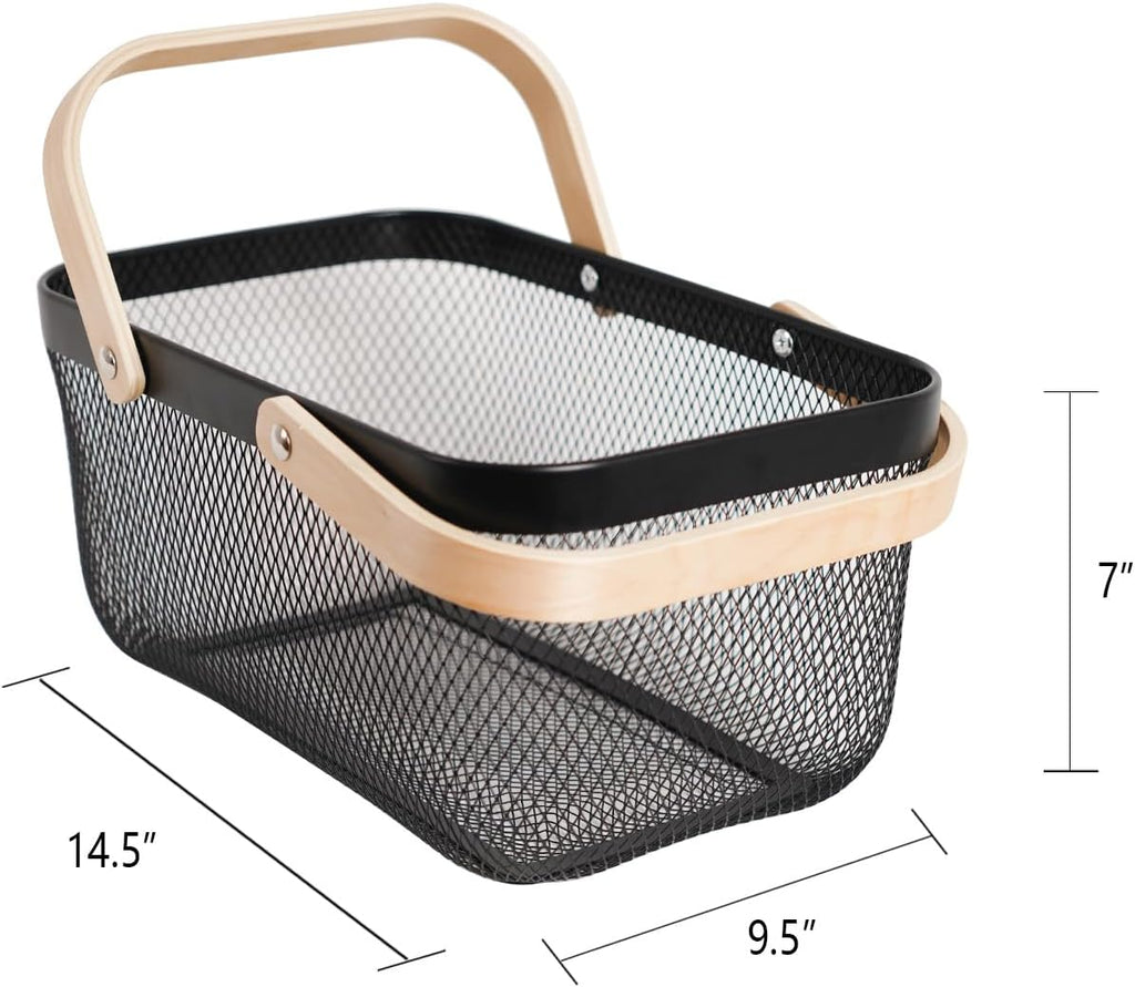 Metal Mesh Steel Harvest Basket, Wire Garden Basket with Handle | Rectangle Multi-functional Storage Organizer for