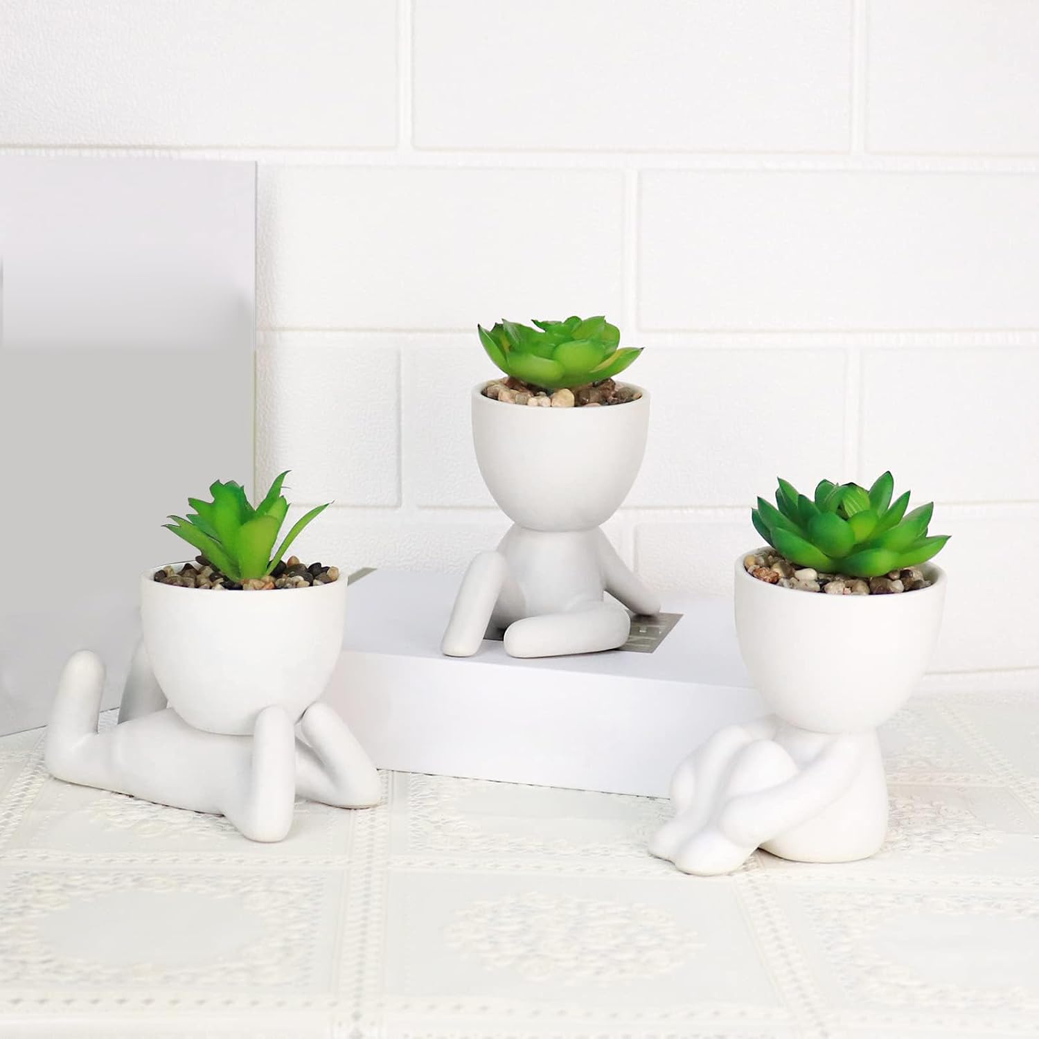 Set of 4 Artificial Succulents in Ceramic Pots, Cute Human Shaped Fake Plants for Shelves, Small Faux Plants for Office