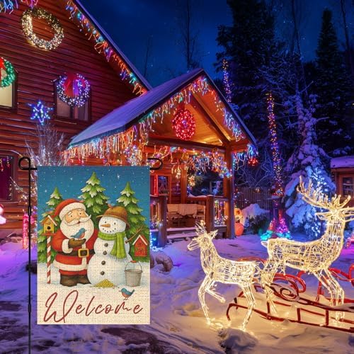 IVN Christmas Santa Snowman Welcome Garden Flag 12x18 Inch Yard Decor