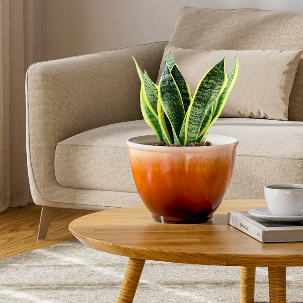8 Inch Plant Pots Glazed Ceramic Look Planters with Drainage Hole,4 Pack | Modern Decorative Flower Pots for Indoor
