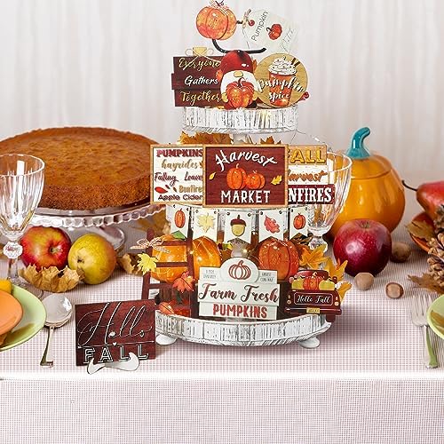 FairySandy 14 Pcs Fall Tiered Tray Decorations Set Rustic Fall Thanksgiving Pumpkin Tiered Tray Decor Farmhouse Pumpkin Truck Spice Blocks Autumn Winter Wooden Sign for Christmas Halloween