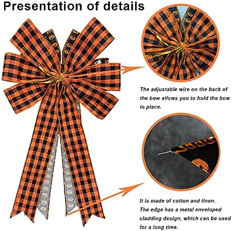Large Black Red Buffalo Plaid Wreath Bow - Ghost Pumpkin Halloween Decoration for Indoor/Outdoor Wall/Door