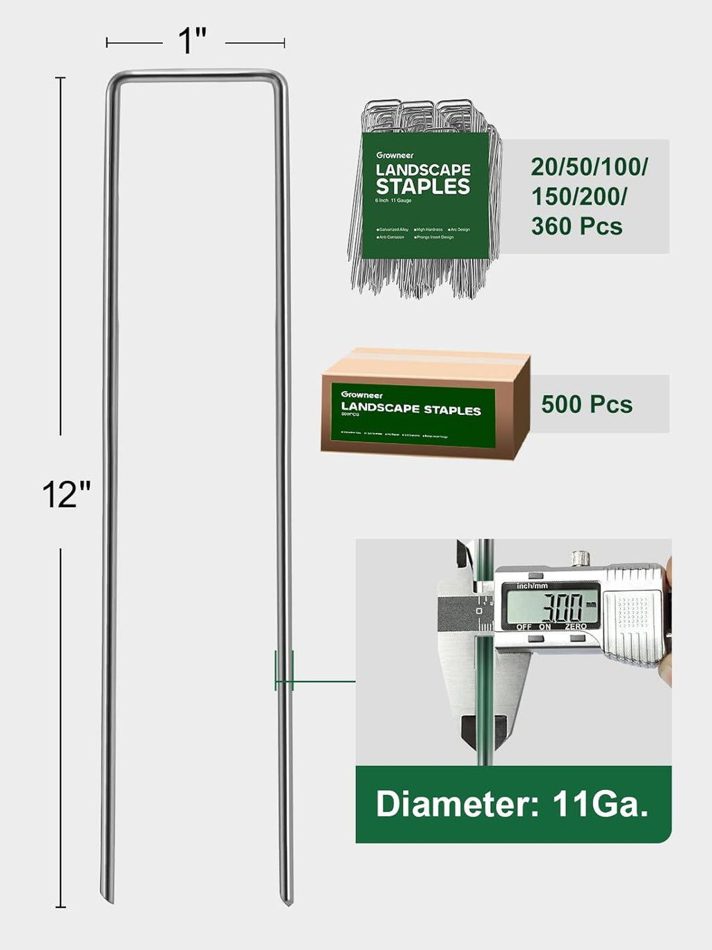 GROWNEER 50 Pack Landscape Staples 12 Inch 11 Gauge Heavy Duty Hot-Dip Galvanized Steel Garden Stakes U-Shaped Weed
