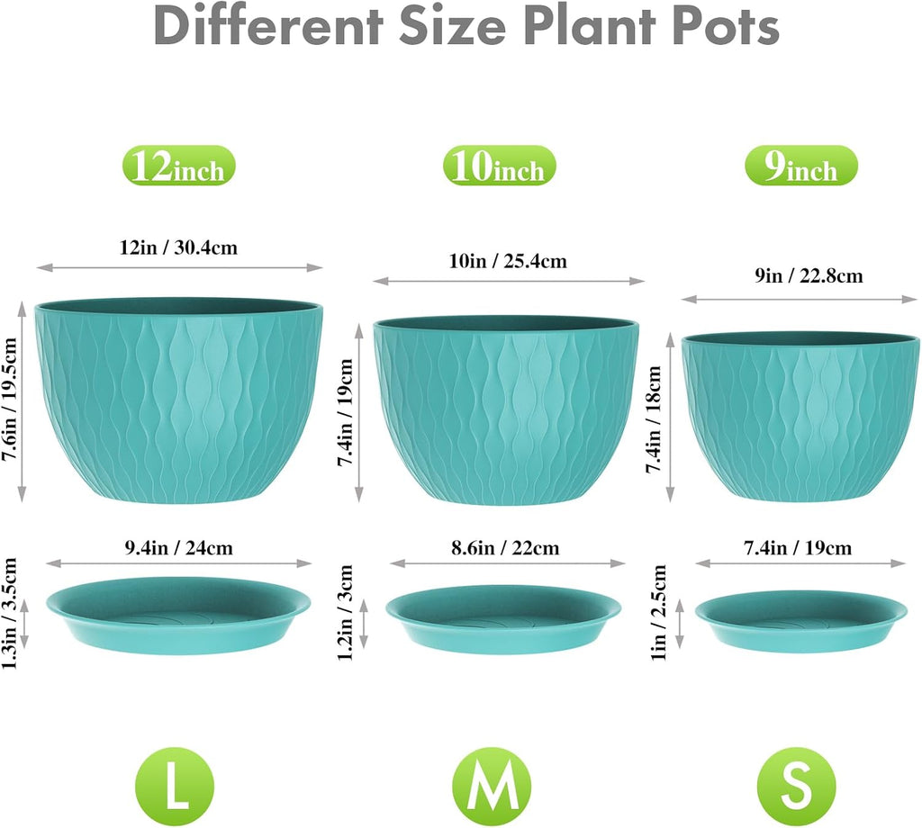 Meowell Large Plant Pots 12/10/9 inch, 3 Pack Big Flower Pots for Outdoor Indoor Plants with Water Ripples, Wide