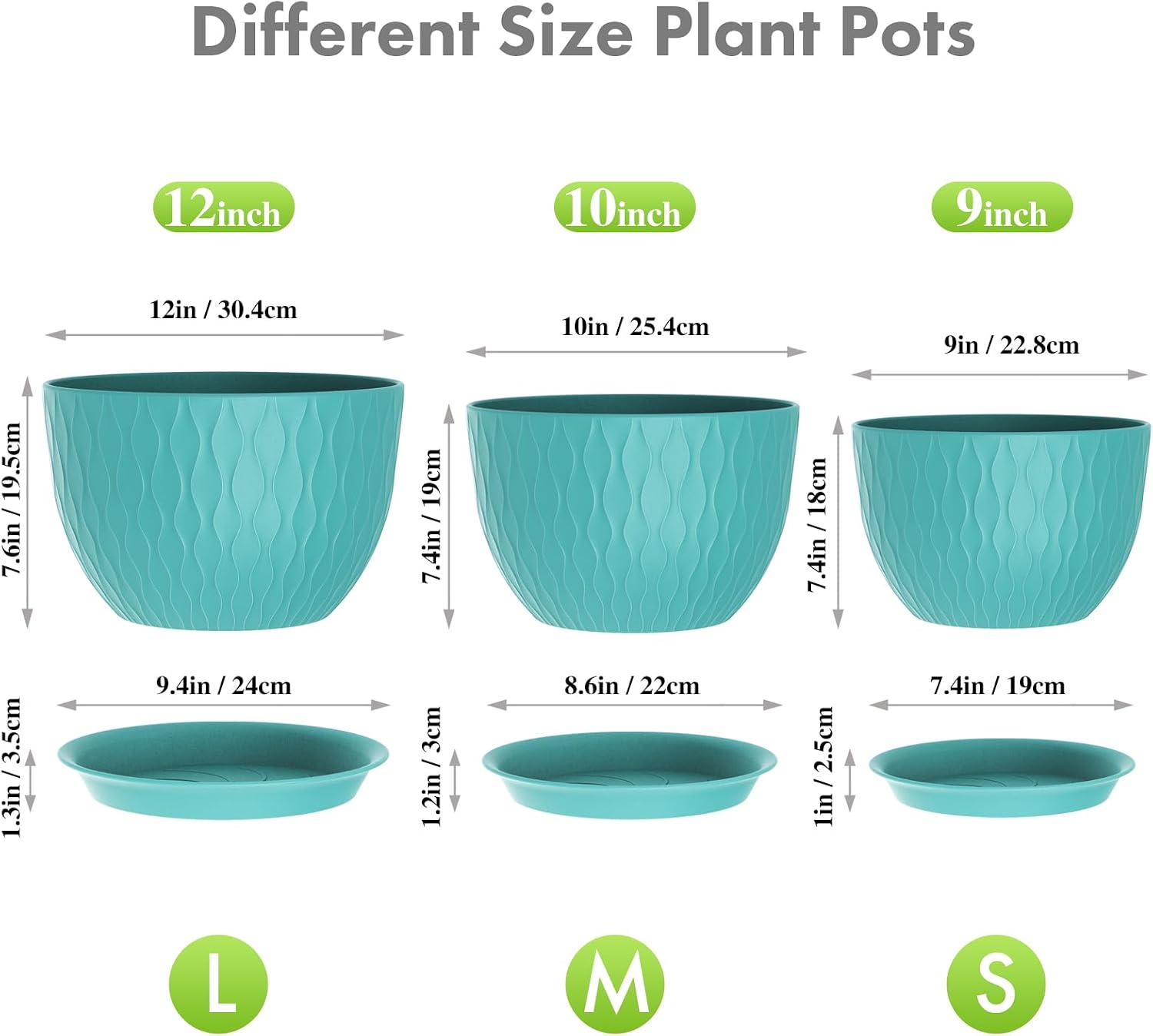 Meowell Large Plant Pots 12/10/9 inch, 3 Pack Big Flower Pots for Outdoor Indoor Plants with Water Ripples, Wide