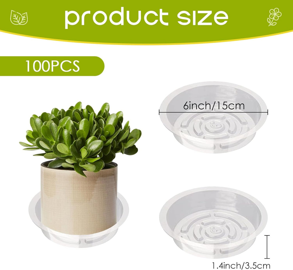100 Pack Plastic Plant Saucers 6 Inch Clear Plant Water Trays | Durable Plastic Flower Pot Saucers, Plant Drip Trays