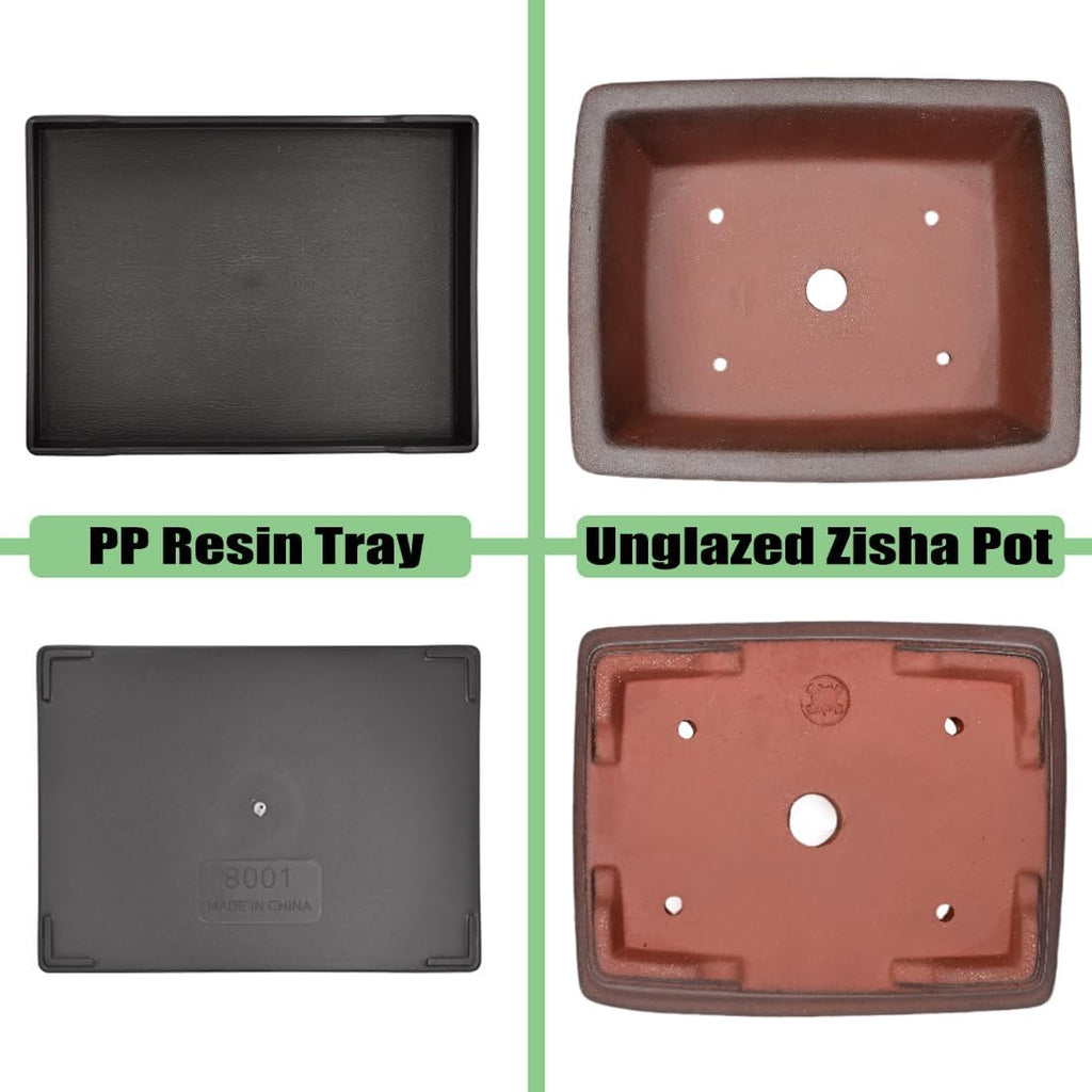 MUZHI Decorative Ceramic Bonsai Planter Pot 8.5 Inch with Tray, Breathable Unglazed Rectangle Terracotta Clay Pot for