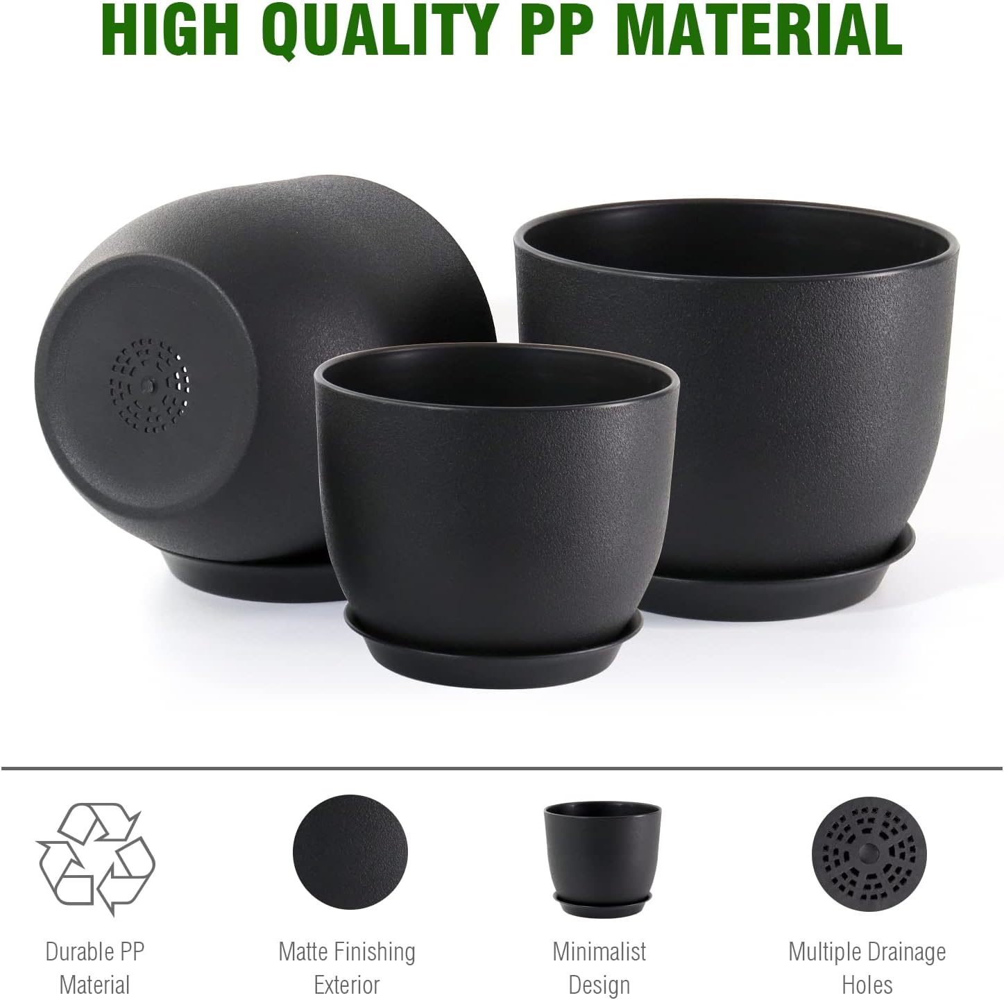 WSMKSZ 10/9/8 inch Medium Plant Pots, 3 Pack Modern Decorative Plastic Planters with Drainage Holes and Saucers, Flower