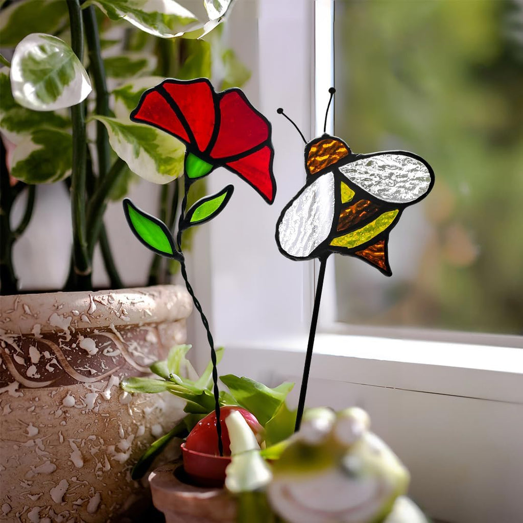 Bee Stained Glass Suncatcher For Window, Carnation Flower Decor Stained Glass Insert In Pots, Housewarming Gifts, Fake