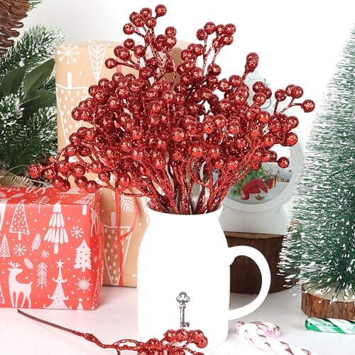 CCINEE 24 Pack Christmas Artificial Red Berry Stems,6.9 Inch Xmas Red Glitter Berry Picks Holly Branches for Christmas Tree Ornaments Xmas Wreath DIY Crafts Home Holiday Decor