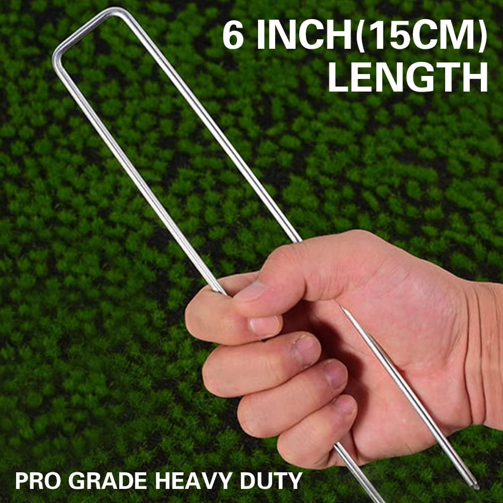 100Pcs Garden Stakes Staples + 100Pcs Gasket, Bakulyor 6 Inch Lawn Landscape Staples 11 Gauge U Shaped Galvanized