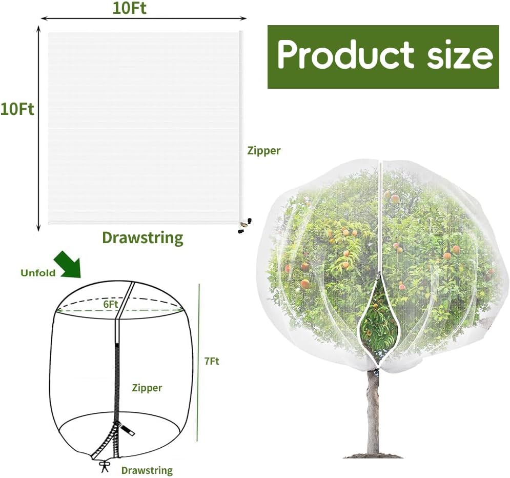 2Pcs 10X10ft Fruit Tree Netting Covers for Birds and Squirrels –Bird Nets for Fruit Trees with Zipper and Drawstring