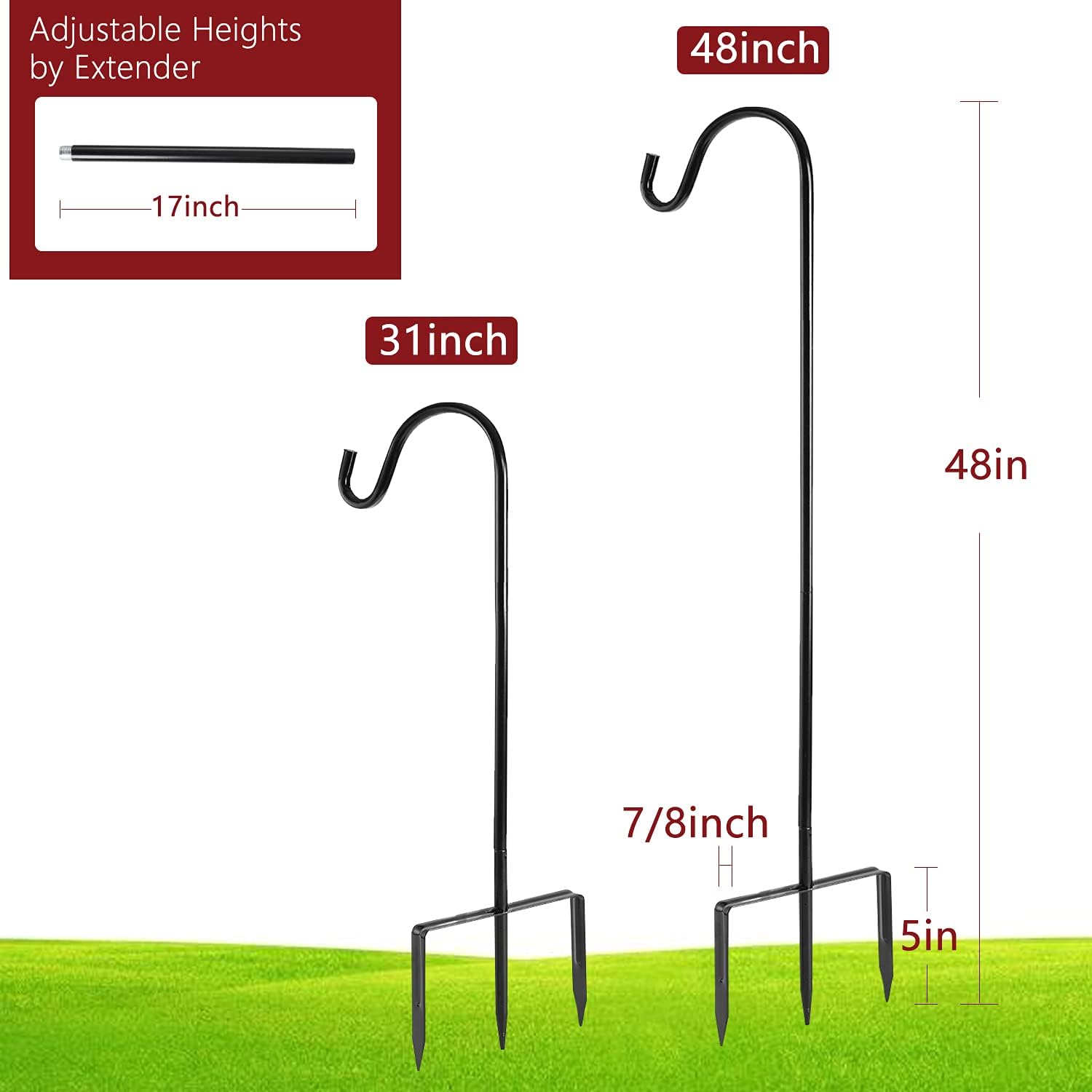 2 Pack Shepherd Hook, Black, 48 Inch, Adjustable Height, 1/2" Thick | Protected by U.S. Patent, Ideal for Hanging Solar