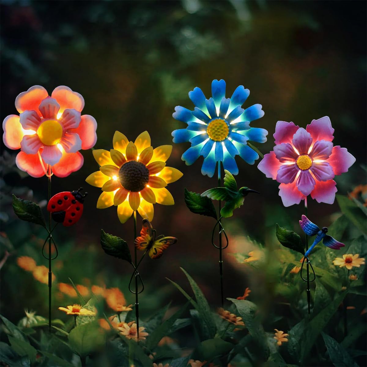 4 Pack Outdoor Solar Lights,Outdoor Waterproof Metal Art Stick Flowers,Garden Decor for Women Mom Grandma Halloween