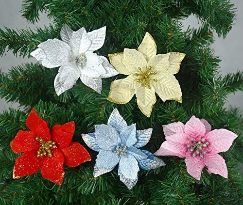 Gardeningwill 12Pcs 5 Inch Glitter Artificial Poinsettia Flowers with Ties for Wedding Christmas Festival Holiday Decor Xmas Wreath Garland Ornament Blue