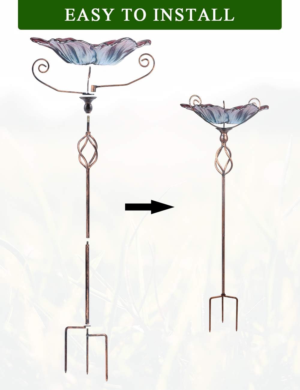 Glass Birdbath Birdfeeder with Metal Stake Garden Yard Outdoor | 31inch height stain glass bird bath for outside