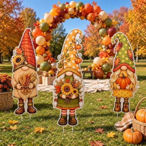 3Pcs Fall Yard Signs Stakes Decor Gnome Autumn Thanksgiving Decorations