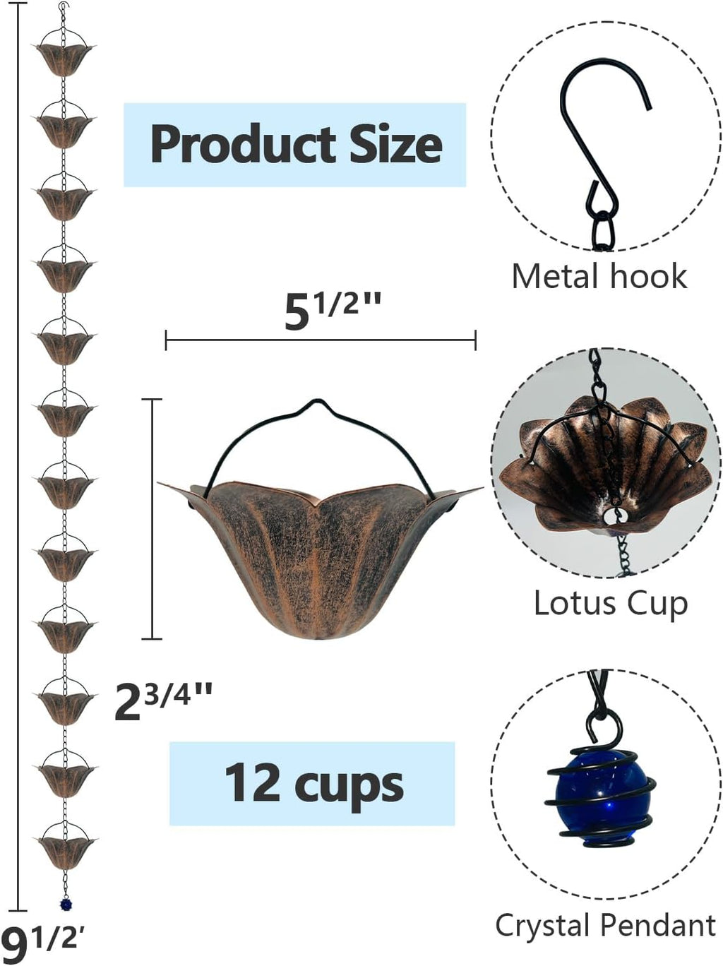 9.5FT Antique Bronze Lotus Rain Chain 12-Cup Downspout Replacement | Sturdy Metal, Rainwater Harvesting, Replaces