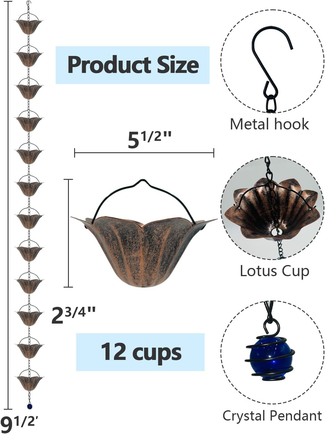 9.5FT Antique Bronze Lotus Rain Chain 12-Cup Downspout Replacement | Sturdy Metal, Rainwater Harvesting, Replaces