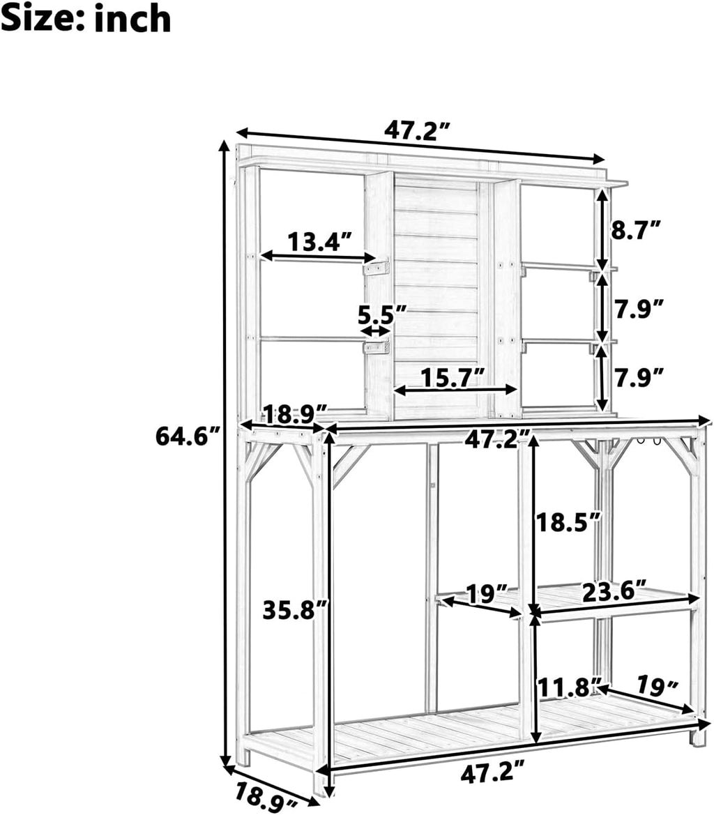 Outdoor Garden Potting Bench Table with 6-Tier Storage Shelves and Side Hook, 64.6" Large Wooden Patio Work Station