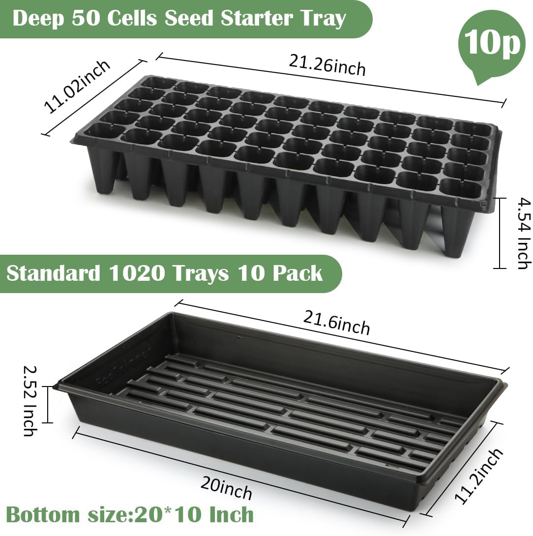 RooTrimmer 10 Pack 1020 Trays and 10 Pack 3.5" Deep 50 Cell Seed Starter Trays, 20" x 10" - Durable Plastic Nursery