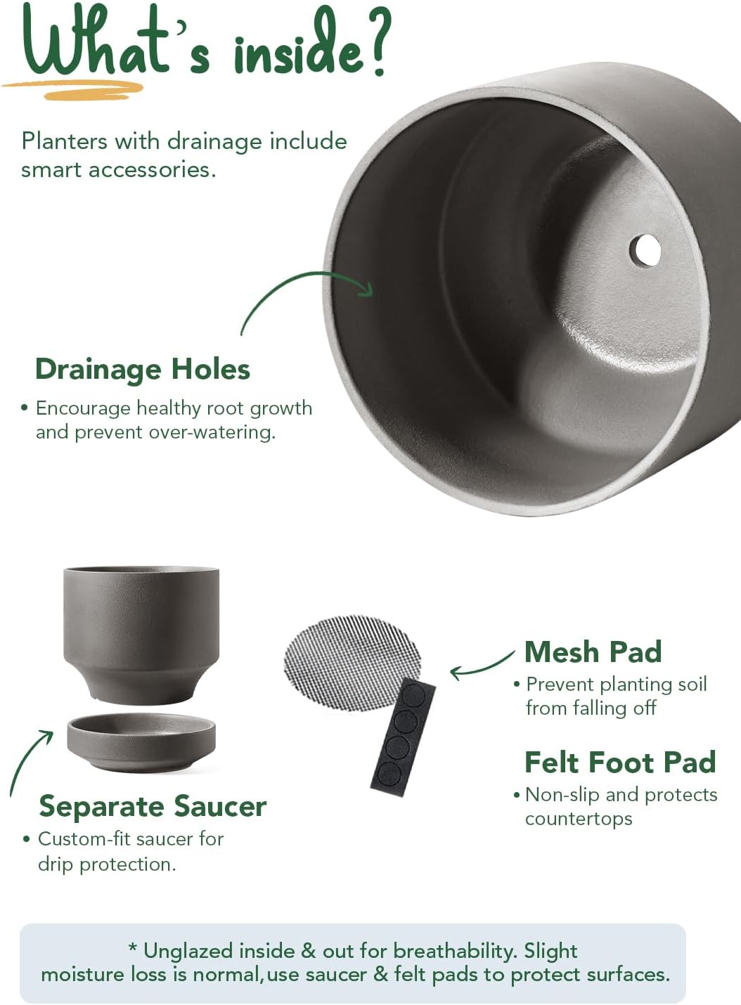 LE TAUCI 12 Inch Pot for Plants with Saucer, Ceramic Indoor Planter Pot with Drainage Hole, Mesh Pad Included, Unglazed