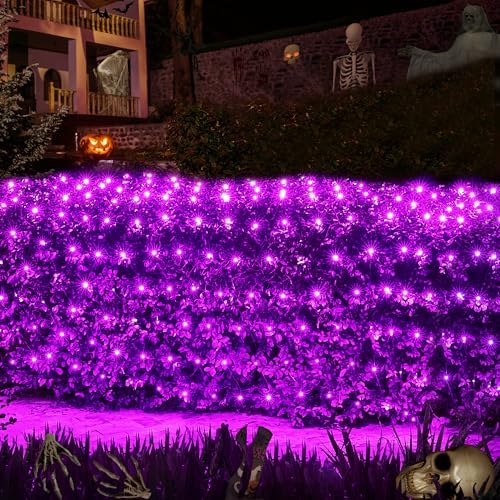 WBao Halloween Lights Outdoor 360LED 11.5ft x 6.9ft Halloween Net Lights with 8 Modes, Timer, Connectable, Waterproof & Dark Green Wire for Lawn, Bushes, Shrubs Outdoor Holiday Decorations, Purple
