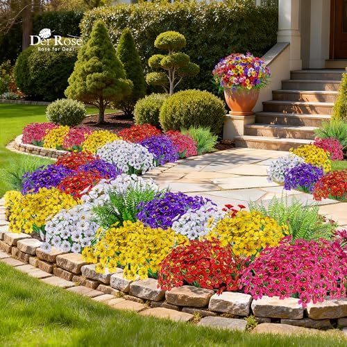 Der Rose 24 Bundles Artificial Flowers for Outdoors Fake Ferns UV Resistant Faux Spring Flowers for Outdoor Planters Home Garden Patio Front Porch Decor