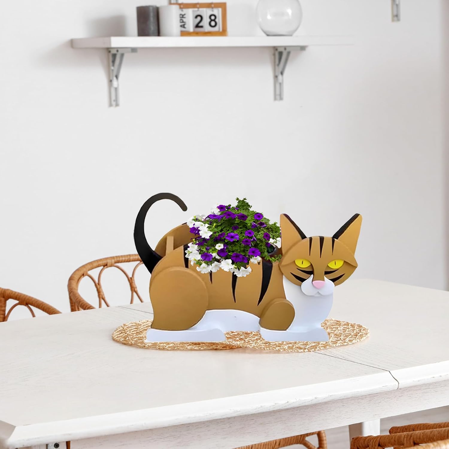 Orange and White Cat Planter Pots, Animal Shaped Flower Pot | Cute Plant Gift for Women and Pet Lovers, Indoor Outdoor