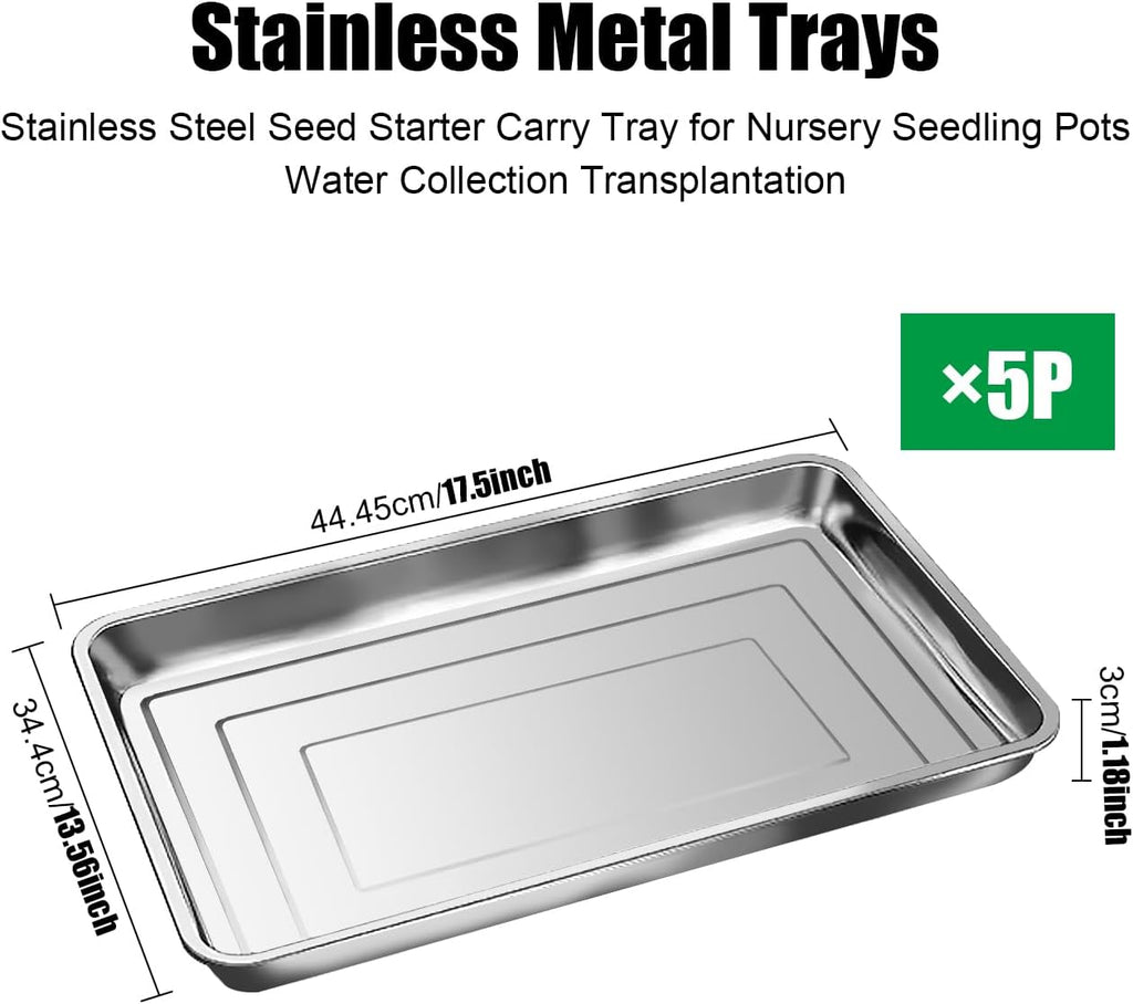 RooTrimmer 5 Pack Large Stainless Steel Seedling Trays, Heavy Duty Metal Water Catch Trays for Nursery Pots-Transplant