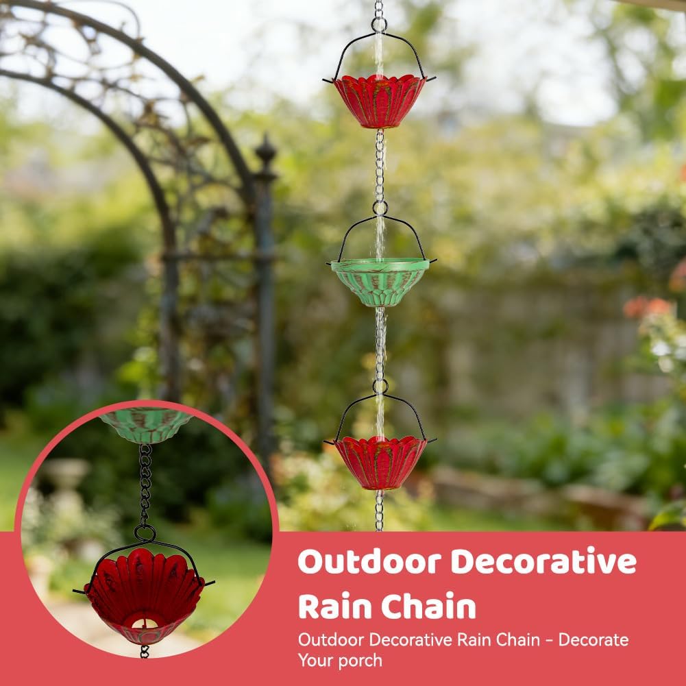 dreamysoul Rain Chains for Outside, 10 FT Decorative Rain Catcher Chains with 16 Cups, Adjustable Rain Chain for