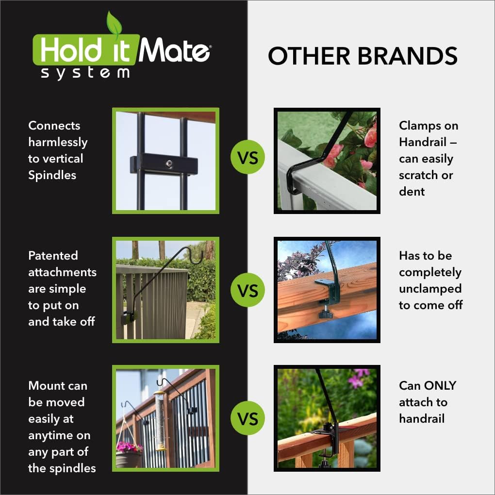 Premium - Hold It Mate Multi Use Hook Kit for Vertical Spindled Railings, Hang Flower Baskets Chimes Bird Feeder 15LBS