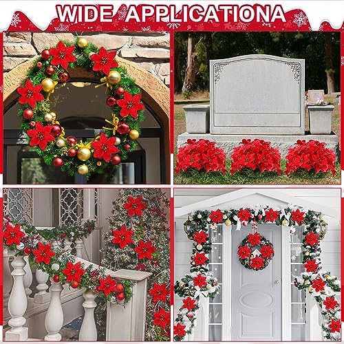 meekoo 48 Pcs Xmas Artificial Poinsettia Flowers 7 Heads W Stem, Red